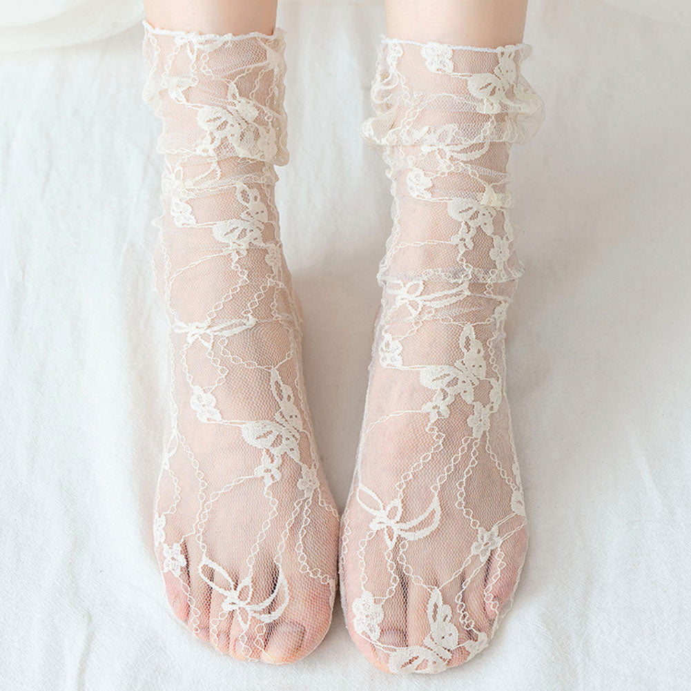 4 Pairs Women's Lace Socks Girl's Sheer Slouch Socks