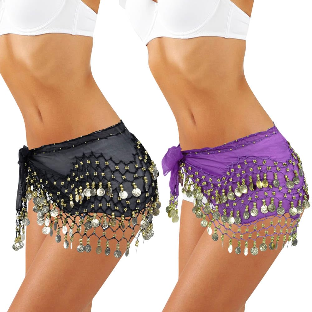 2 Pcs Women's Belly Dance Hip Scarf, Belly Dance Skirt Wrap with Sequins Coins