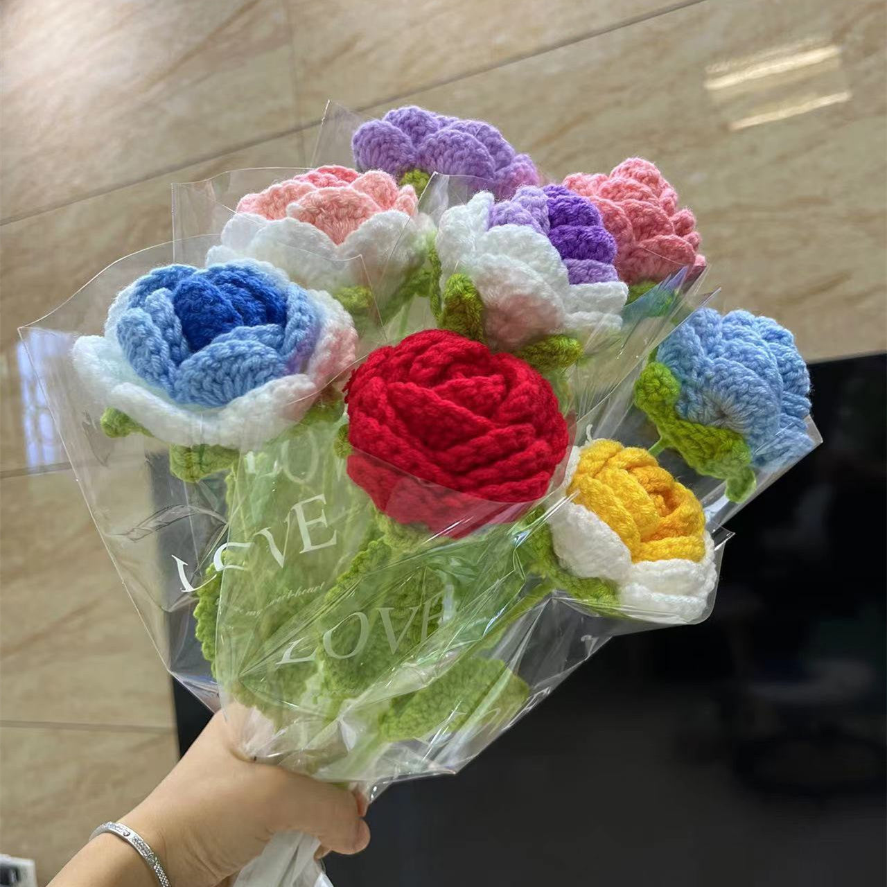 Knitted Crochet Rose Flower Bouquet