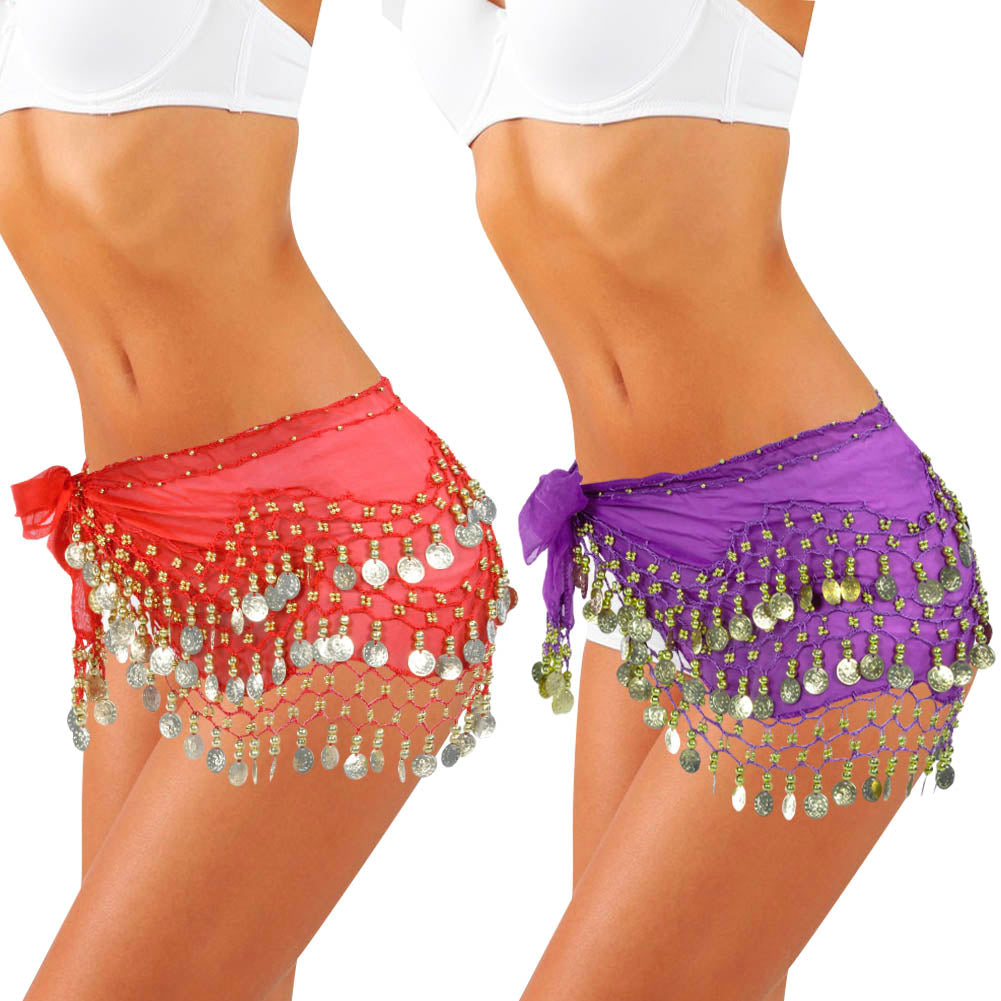 2 Pcs Women's Belly Dance Hip Scarf, Belly Dance Skirt Wrap with Sequins Coins