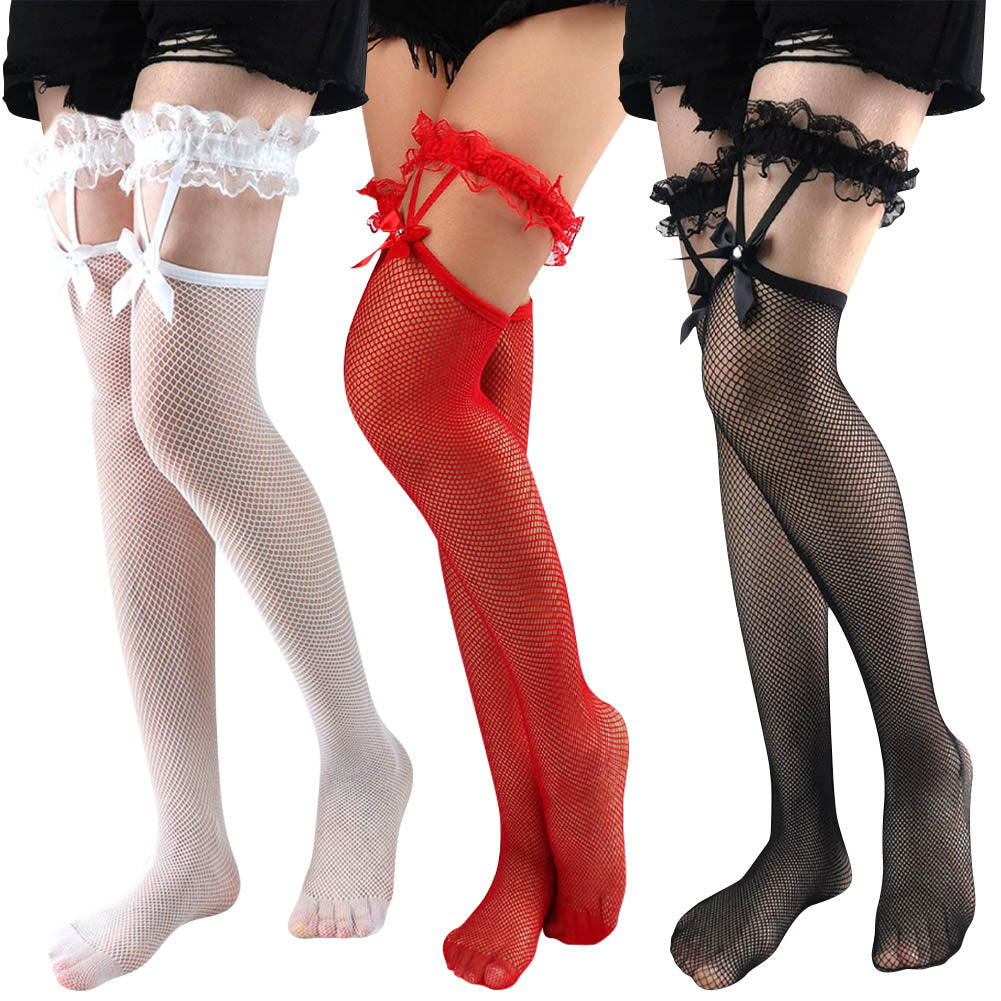 Lace Top Fishnet Stockings Bow Suspenders Thigh High Stockings