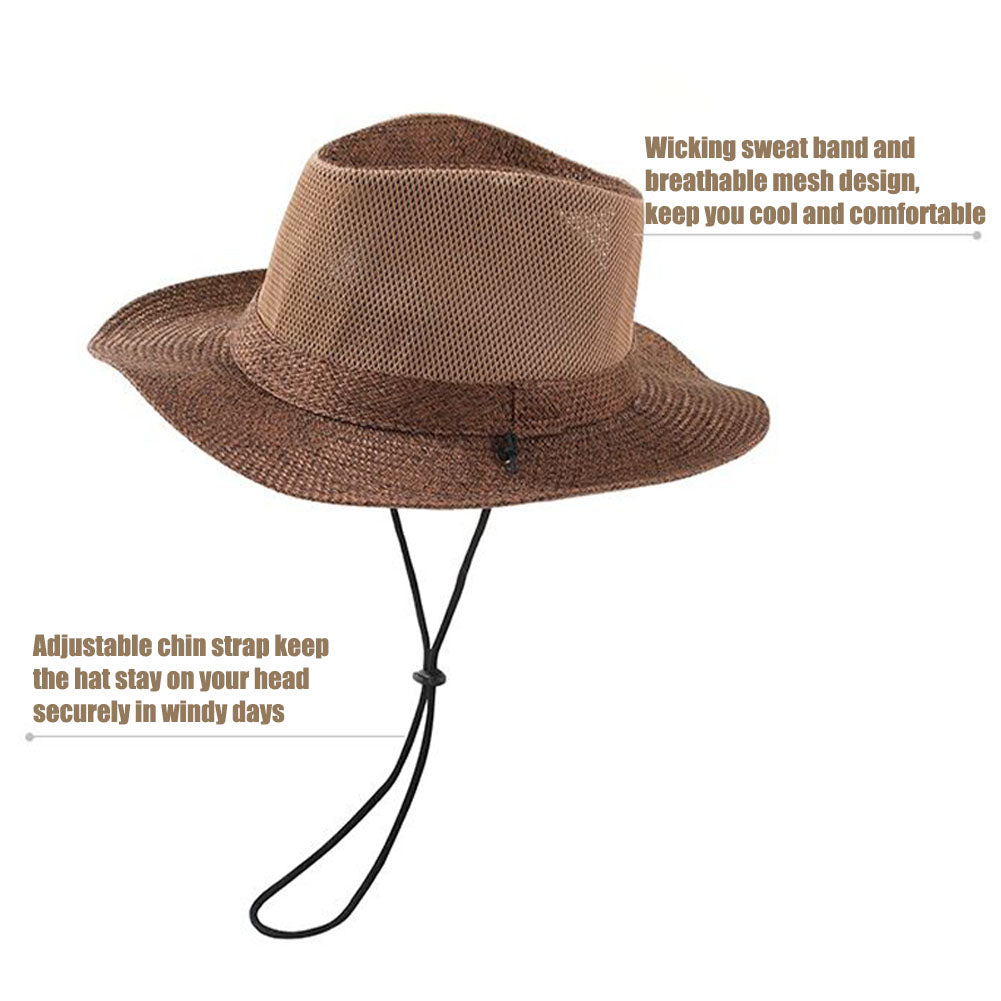 Unisex Wide Brim Straw Hat Fedora Beach Sun Hat UPF50+ Fishing Hats